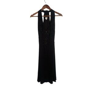 Vintage Armani Black Halter Top V-Neck Evening Gown with beaded accent. Size 14